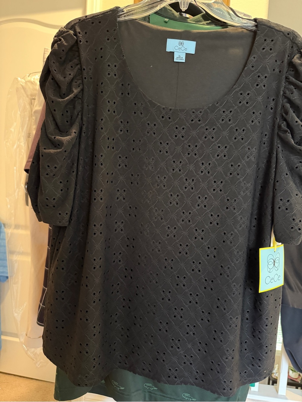 CeCe Black Eyelet Scoop Neck Puff Sleeve Tunic